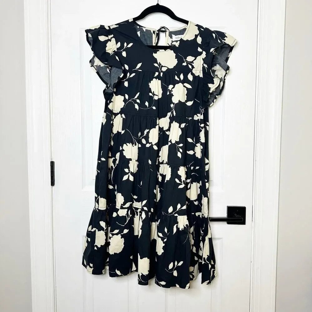 SOFIE THE LABEL Size M Black Cream Floral Swing Tiered Dress